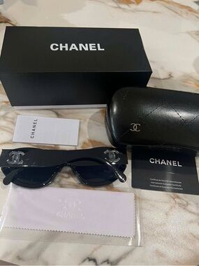 CHANEL Black Slim Rectangular Sunglasses with Clear CC Logos